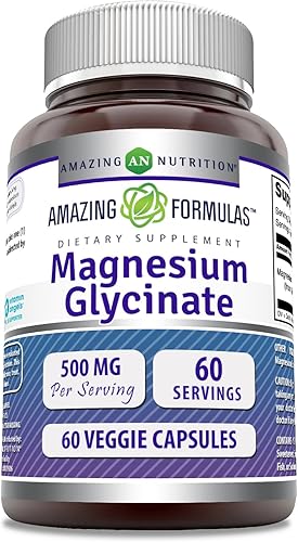 Amazing Formulas Glicinato de magnesio de 500 mg  Suplemento de cápsulas vegetales  Sin OMG  Sin gluten  Fabricado en Estados Unidos (60 unidades, 1