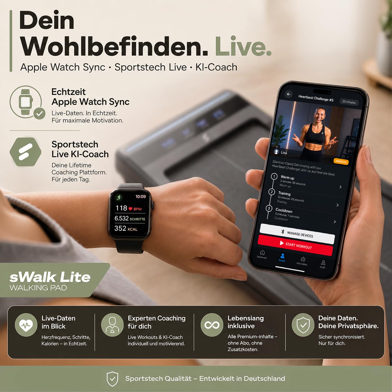 Sportstech sWalk Lite Walking Pad Laufband für Zuhause & Schreibtisch, mit Steigung 6%, bis 6 km/h, LED-Anzeige, App-Steuerung, Fernbedienung, leise, flach & kompakt, für Home Office, bis 150 kg