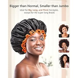 mikimini Extra Large Black Shower Caps Pack of 2 for Women and Men Thick Long Hair Braids, Reusable Waterproof Double Layers XL Bathing Hair Cap with Vibrant Orange Edge (Black)