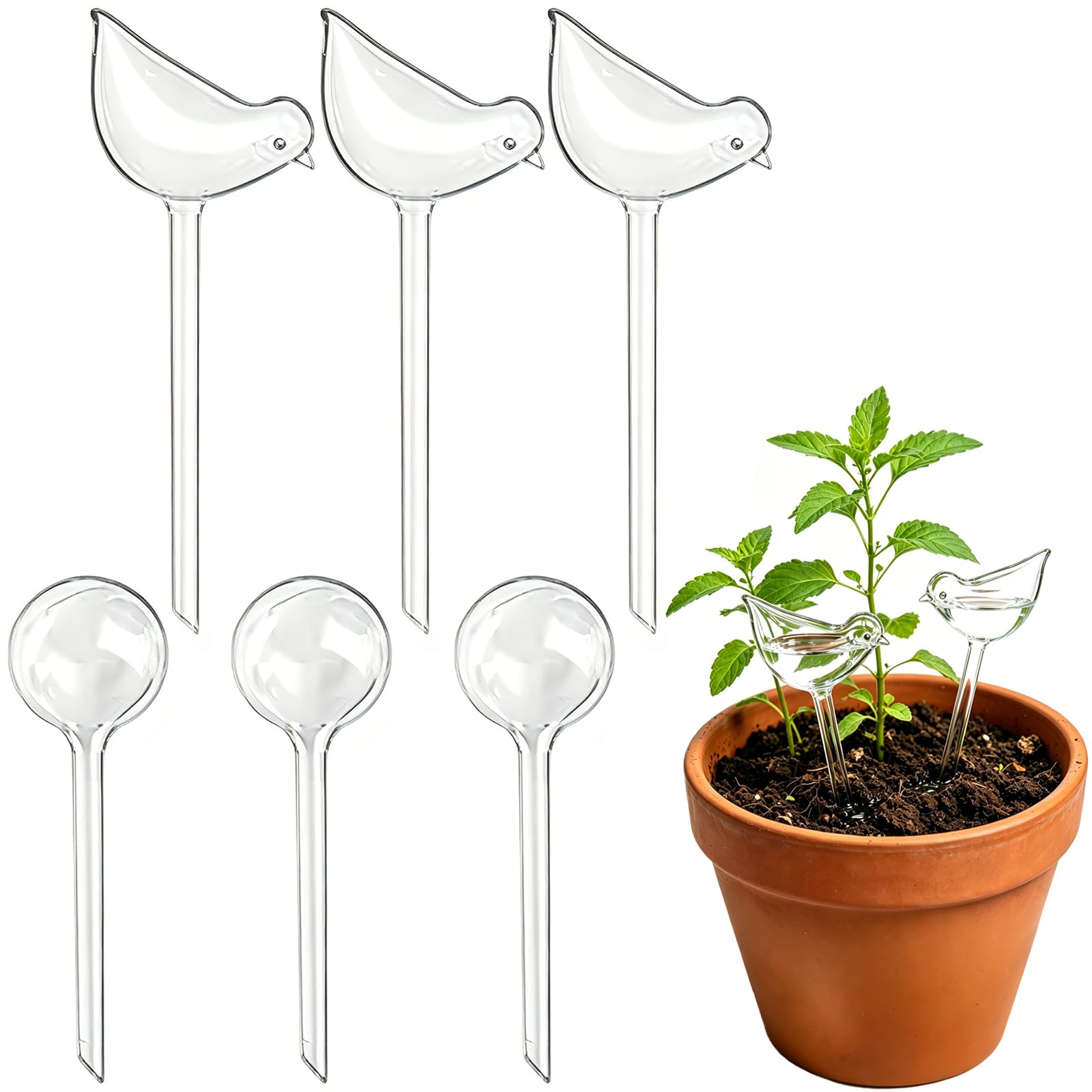 6 Pack Plant Watering Globes, Automatic Plant Waterer for Indoor Plants and Outdoor Gardens, Set Includes Three Bird and Three Sphere Designs