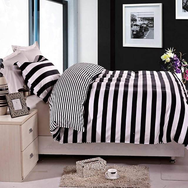 NTBAY 2 Pieces 100% Brushed Microfiber Striped Single Duvet Cover Set, Super Soft Black and White Printed Reversible Design Zippered Comforter Cover with Ties and 1 Oxford Pillowcase (Single, Stripe)