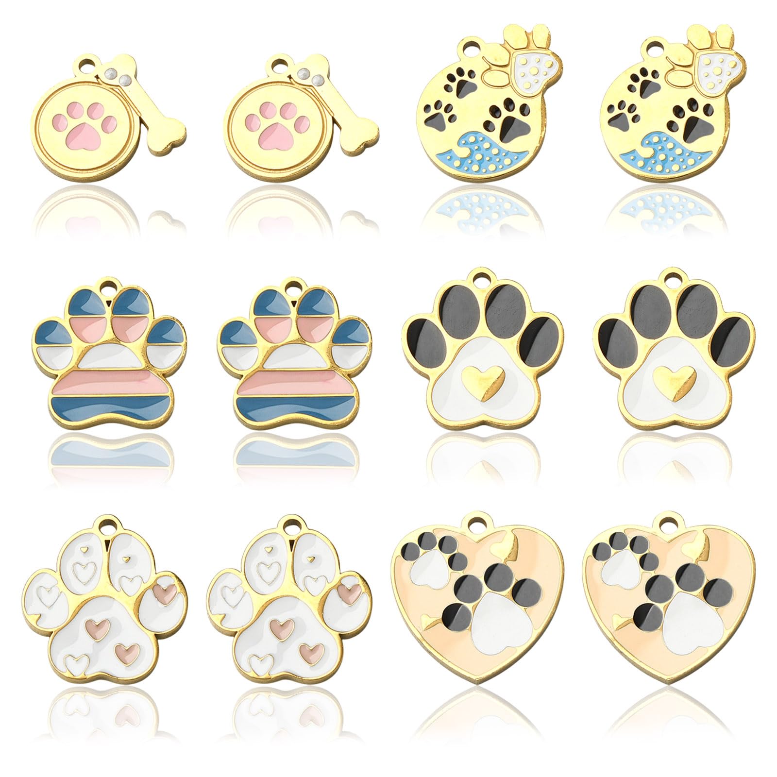 Set di 12 ciondoli a forma di zampa, per braccialetti in acciaio inox, colorati con stampa di zampe di cane, in metallo smaltato, per la creazione di gioielli, orecchini, bracciali e