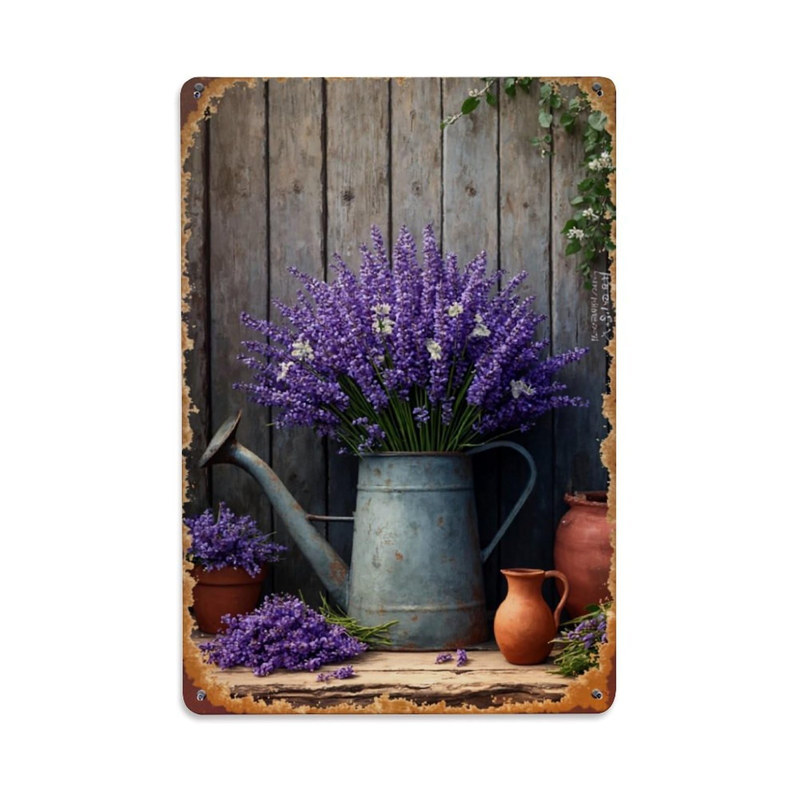 Jdfenggu Vintage Lavender Bouquet In Watering Can Retro Metal Tin Sign, Metal Poster For Bar, Home, Man Cave, Kitchen, Laundry Room Art Decor 8X12 Inch