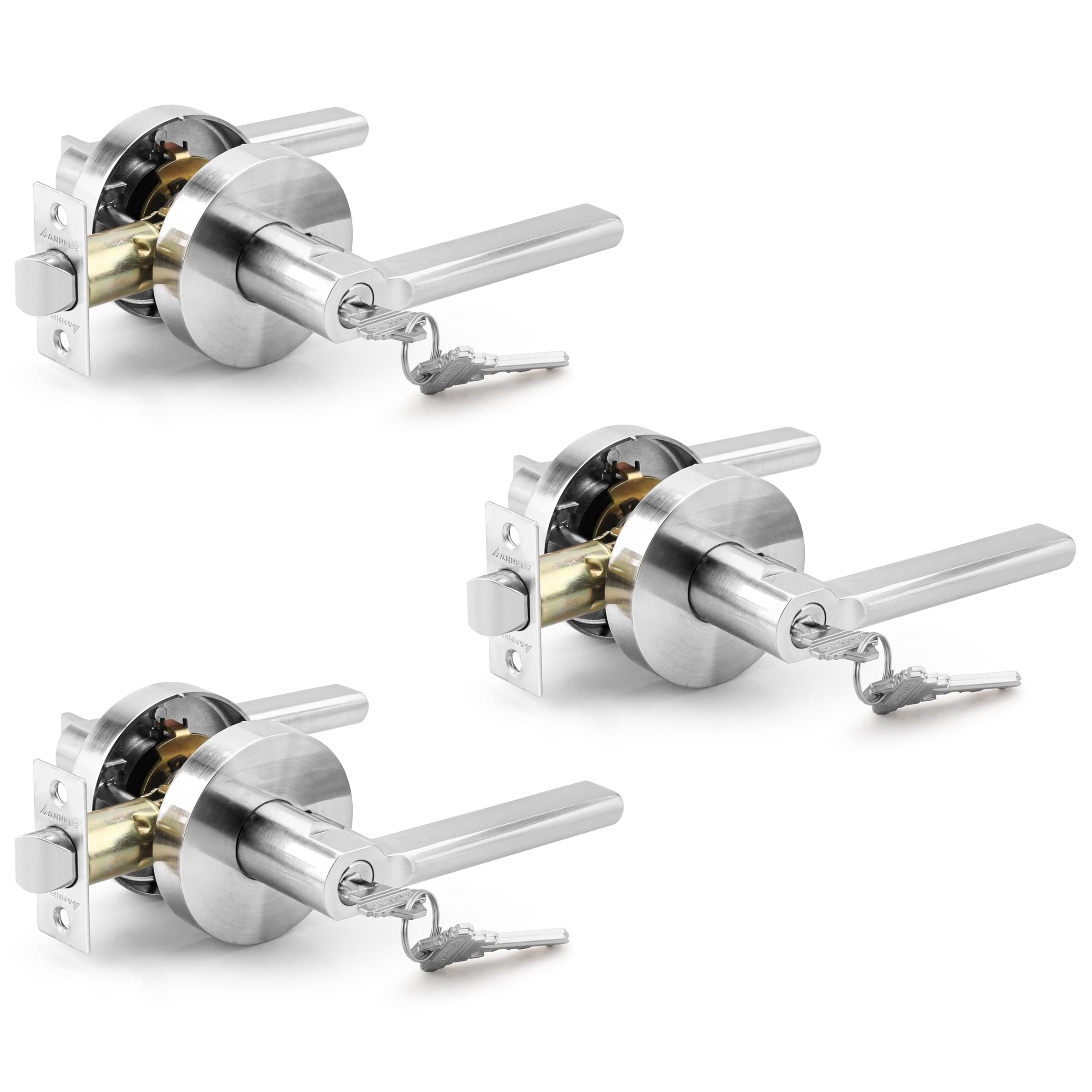 Annfuz Satin Nickel 3Pack Round Entry Door Lever For Office/Front Door,Exterior Front Door Lock,[Keyed Alike]Same Keys,Heavy Duty Door Handle Interior Bathroom Bedroom,Reversible For Left Right Sided(Satin Nickel)