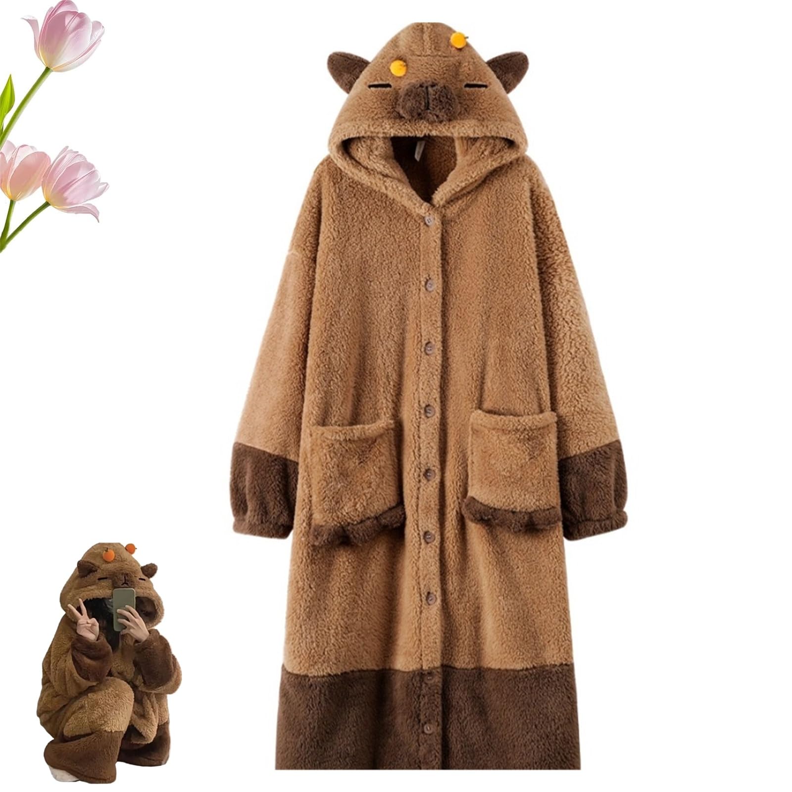 FJZFXKZL Capybara Coral Fleece Home Robe, Womens Dressing Gowns, Soft Pajamas Set With Pants, Hooded Thermal Sleepwear(S)