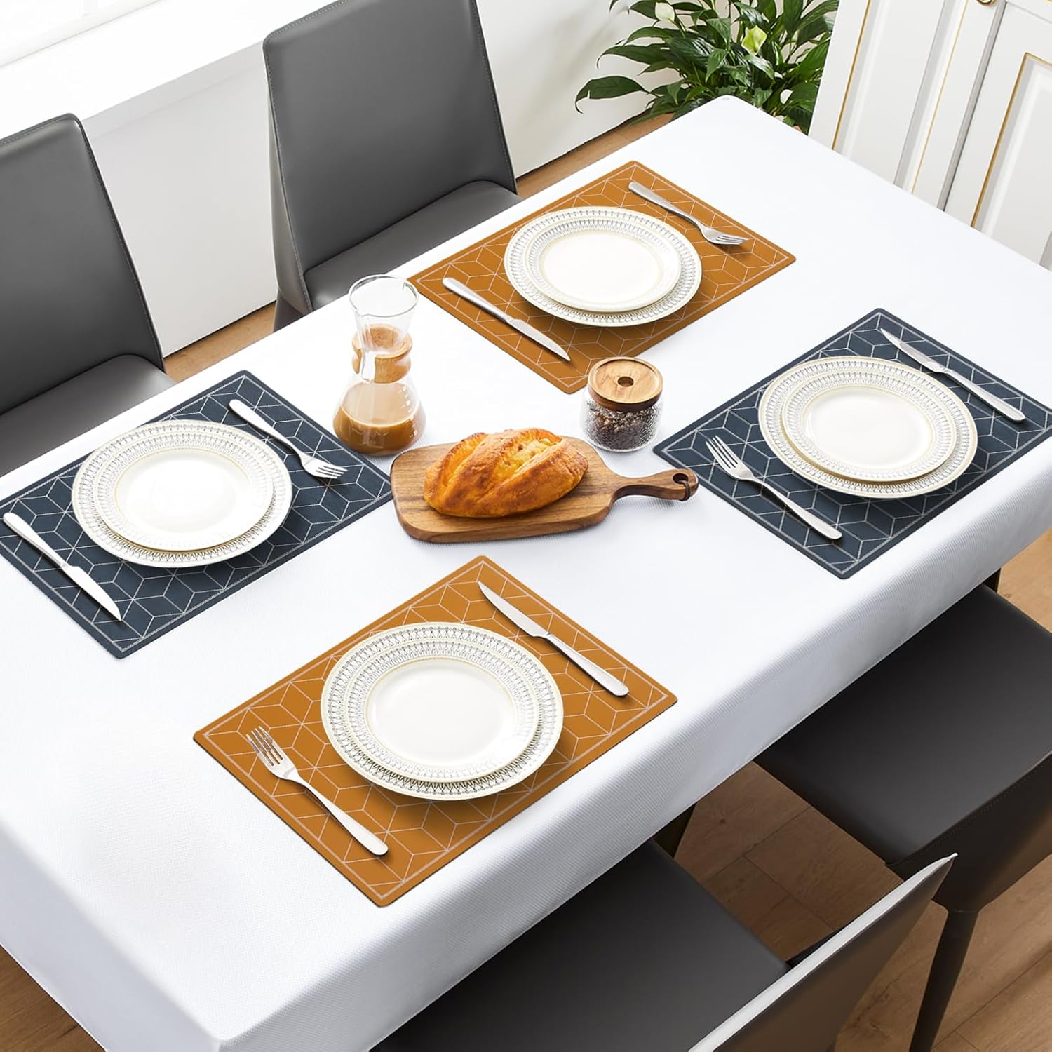 MOSAYT Vinyl Placemats Set of 6-12 X 17 Inch - Faux Leather 100% Waterproof Oil-Proof Wipe Clean PU Reversible Dining Table Place Mats, Suitable for Indoor & Outdoor Use, Navy - Yellow