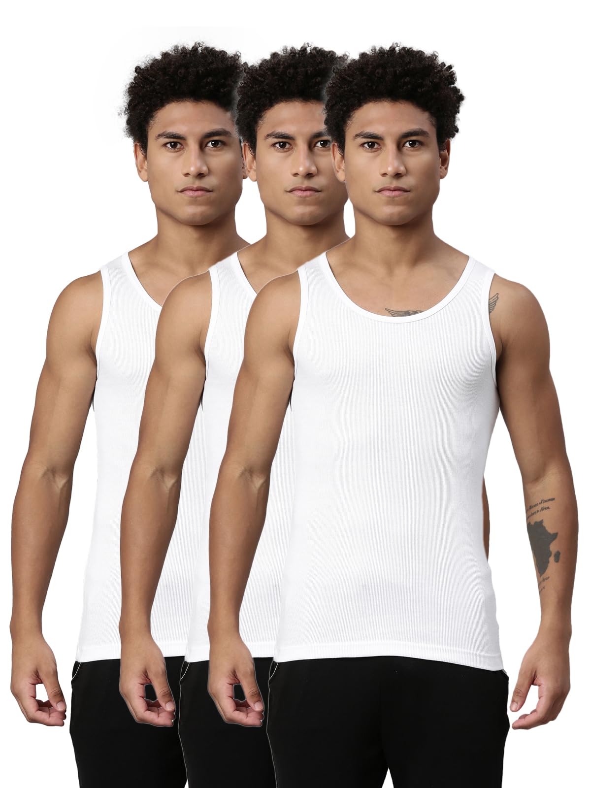 Style# 013 Regular Fit Rib Vest for Men with Side Branding, Tag Free Comfort & Smartskin Technology (Pack of 3)