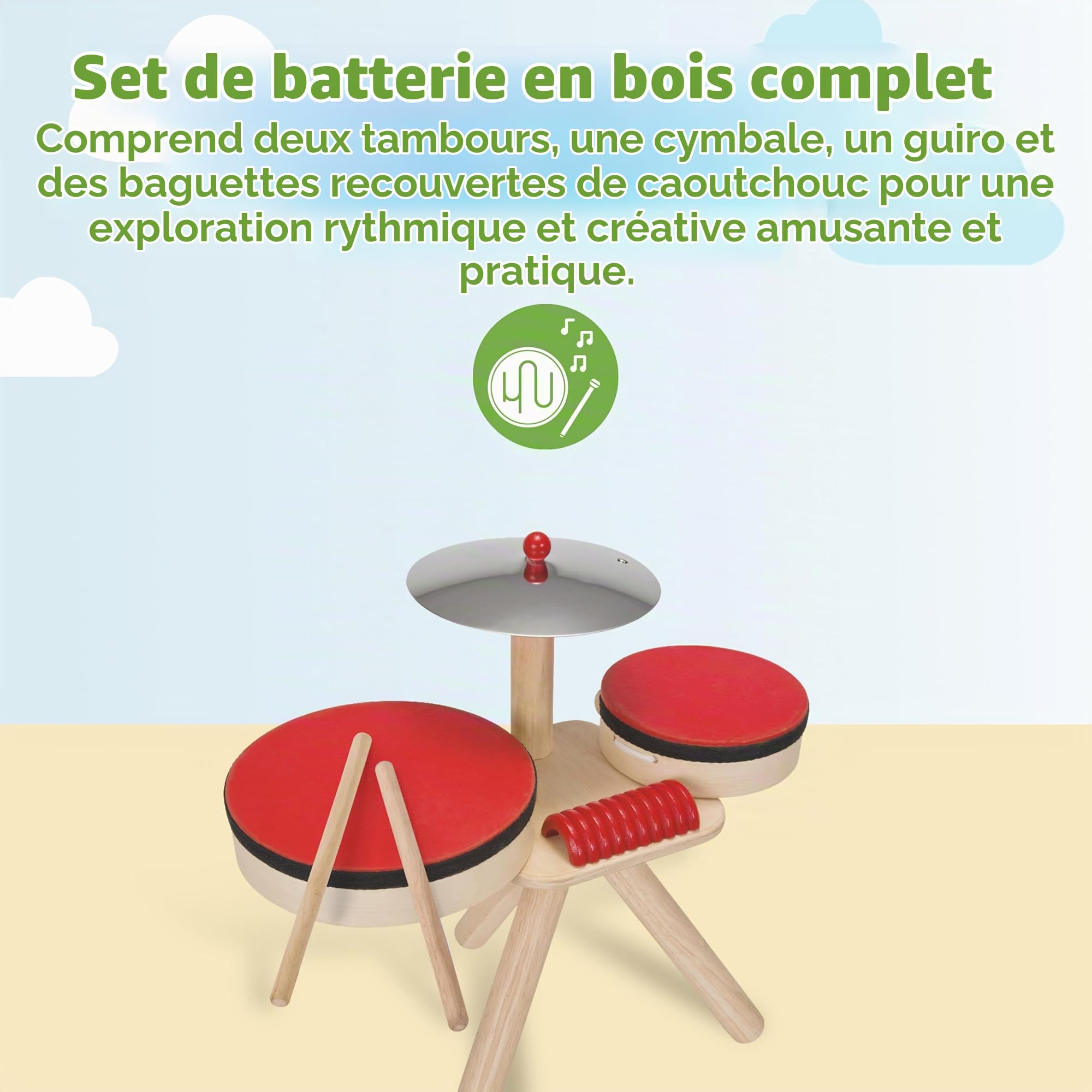 Tambour En Bois PlanToys – Jouet Musical Dès 1 An – Maillet Tête Caoutchouc – Son Doux – Motricité, Coordination – Fabriqué En Thaïlande