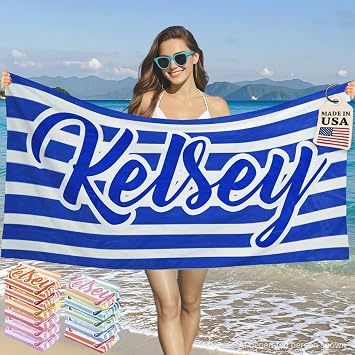Bemaystar Ships Next Day, Personalized Beach Towels with Names - Custom Beach Towel Printed in USA - Personalized Towels for Adults & Kids for Pool, Vacation - Customized Gifts for Men,Women-Navy Blue