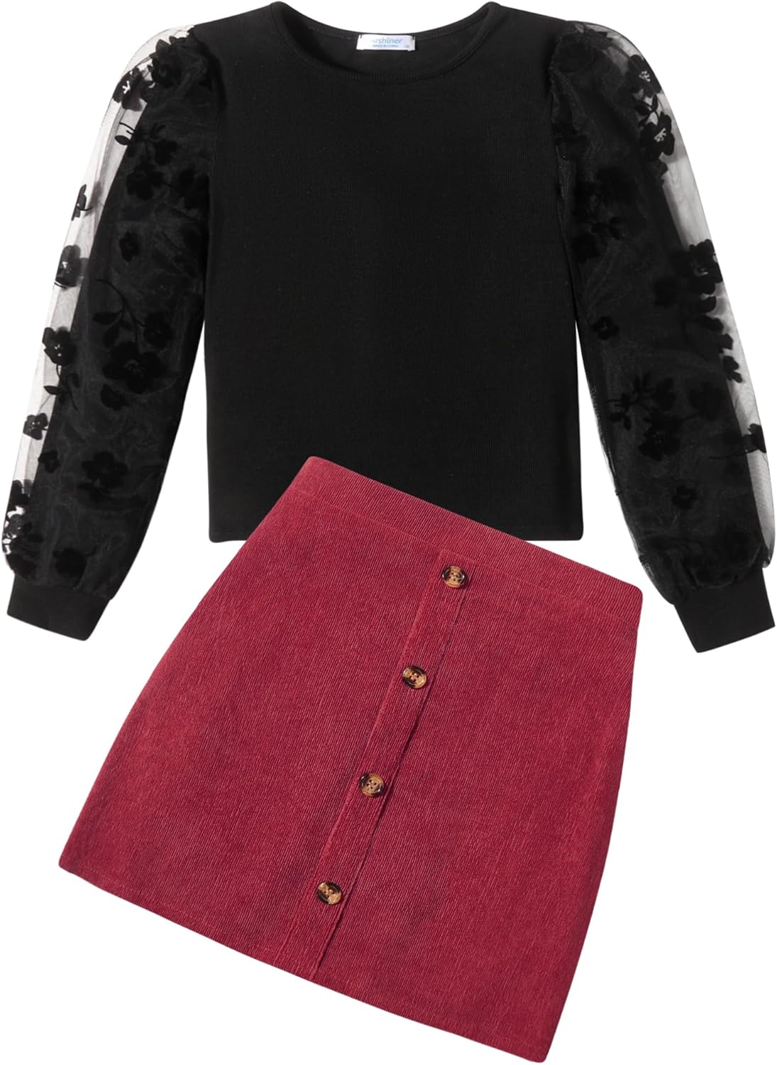 Arshiner Girl's Skirt Sets Casual Fall Outfits Corduroy Skirt and Long Sleeve Rib Knit Shirt Tops Trendy 2 Piece Clothes