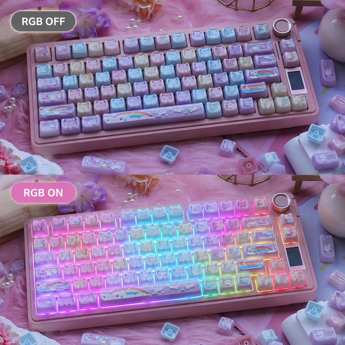 Crystal Jelly Cat Keycaps, 131 klawiszy Double Shot Translucent Cute Keycaps, Mao Profile Custom Keycap for Cherry Gateron MX Switches Mechanical Keyboard