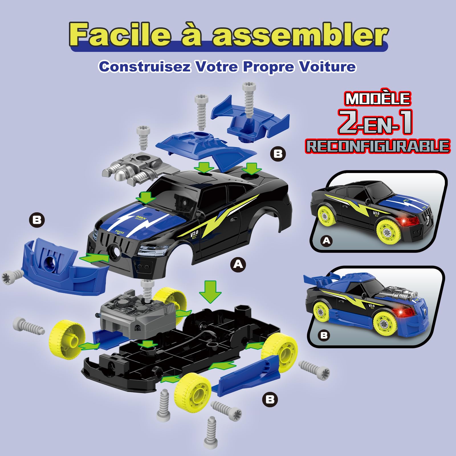Pup Go Voiture Démontable pour Enfants 3+ Ans, Idee Cadeau de Noël, Jouet Éducatif 26 Pièces avec Perceuse Électrique, Voiture à Construire avec LED et Sons Réalistes (Bleu)