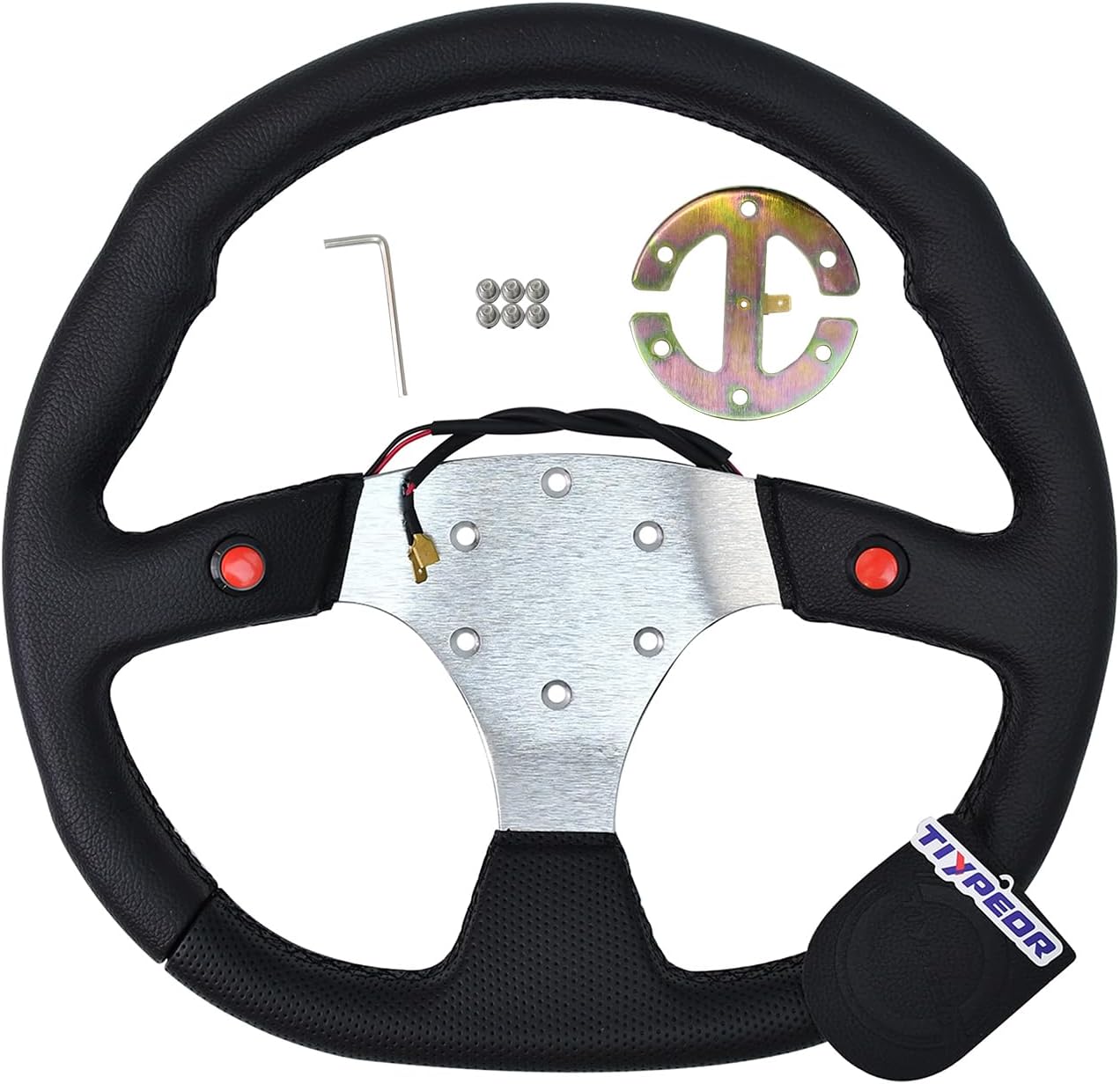 Racing Adventure Car Steering Wheel 350mm 14" PVC Grip Aluminum Frame (3" Deep) Sports Drifting Reinforced Steering Wheel with Horn Button Red Center Mark with Red Stitching