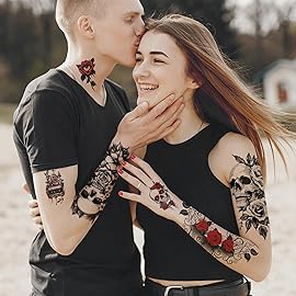 77 Sheets Skull Flower Realistic Temporary Tattoos For Women Men Adult, Large Rose Bones & Flowers Floral Fake Tattoos Girl, Skeleton and Spooky Halloween Temp Tatoo Sticker Thigh Back Leg Body Art