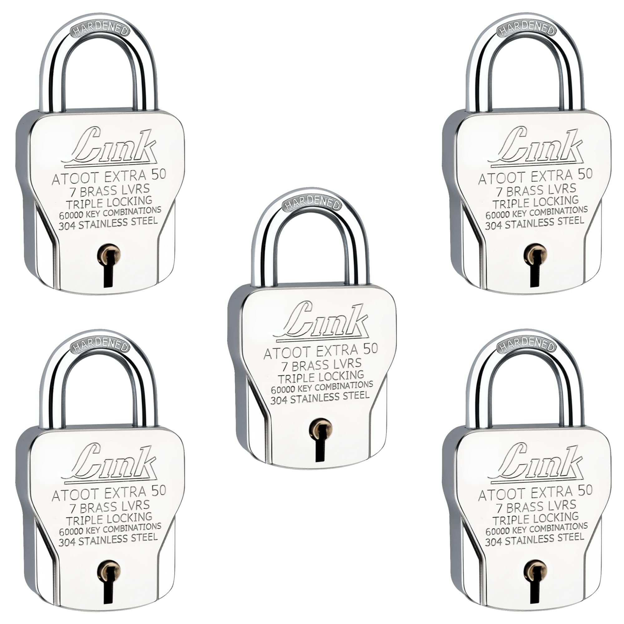 Link Atoot Extra 50mm Lock 5Pcs Set | 60000 Key Combinations | 304 Stainless Steel Body | Hardened Shackle | Made in India | 3 Silver Keys with Keychain | 3Kyes for Each Lock (B0C65FHQRM) Amazon Price History, Amazon Price Tracker
