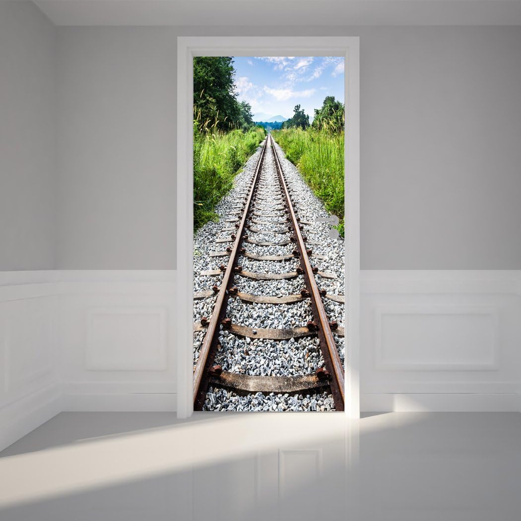 Door Wall Sticker Railway Tracks - Self Adhesive Peel & Stick Repositionable Fabric Mural 31" w X 79" h (80 X 200cm)