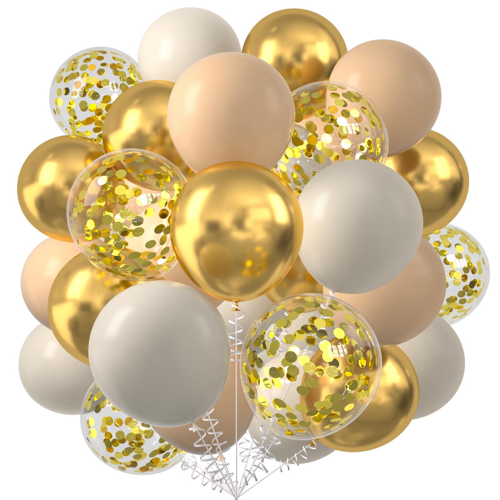 KALOR Beige White Sand and Gold Confetti Balloons, 60 Pcs 12 Inch Metallic Gold Chrome Latex Balloons for Birthday Chrismas Baby Shower Anniversary
