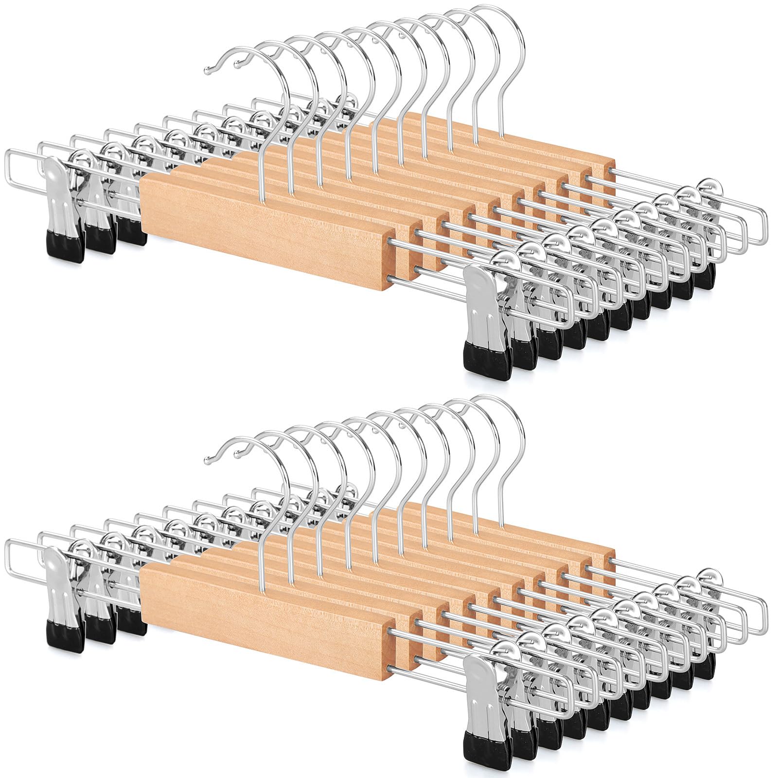 TOPIA HANGER Wooden Pants Skirt Hangers Space Saving 20 Pack, Wide Adjustable Clip Hanger for Pant Skirt Jeans Slacks with Wrinkle Free 360° Swivel Hook Natural, CT44N20