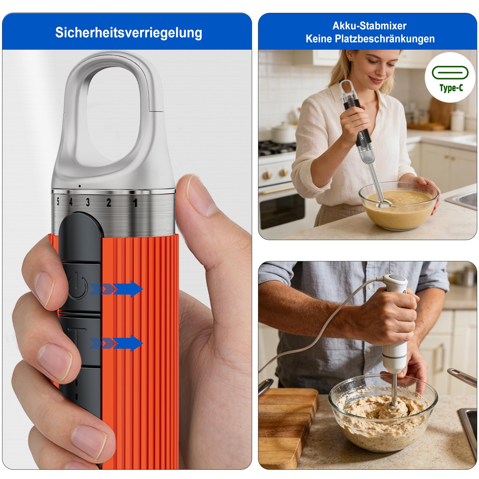 Camic 4-in-1 Stabmixer, Kabelloses Elektrische Stabmixer mit 6-Stufiger + Turbo, Inklusive Edelstahl-Mixfuß, Schneebesen, Milchaufschäumer und 500ml Lebensmittelhacker für Suppen und Milchshake