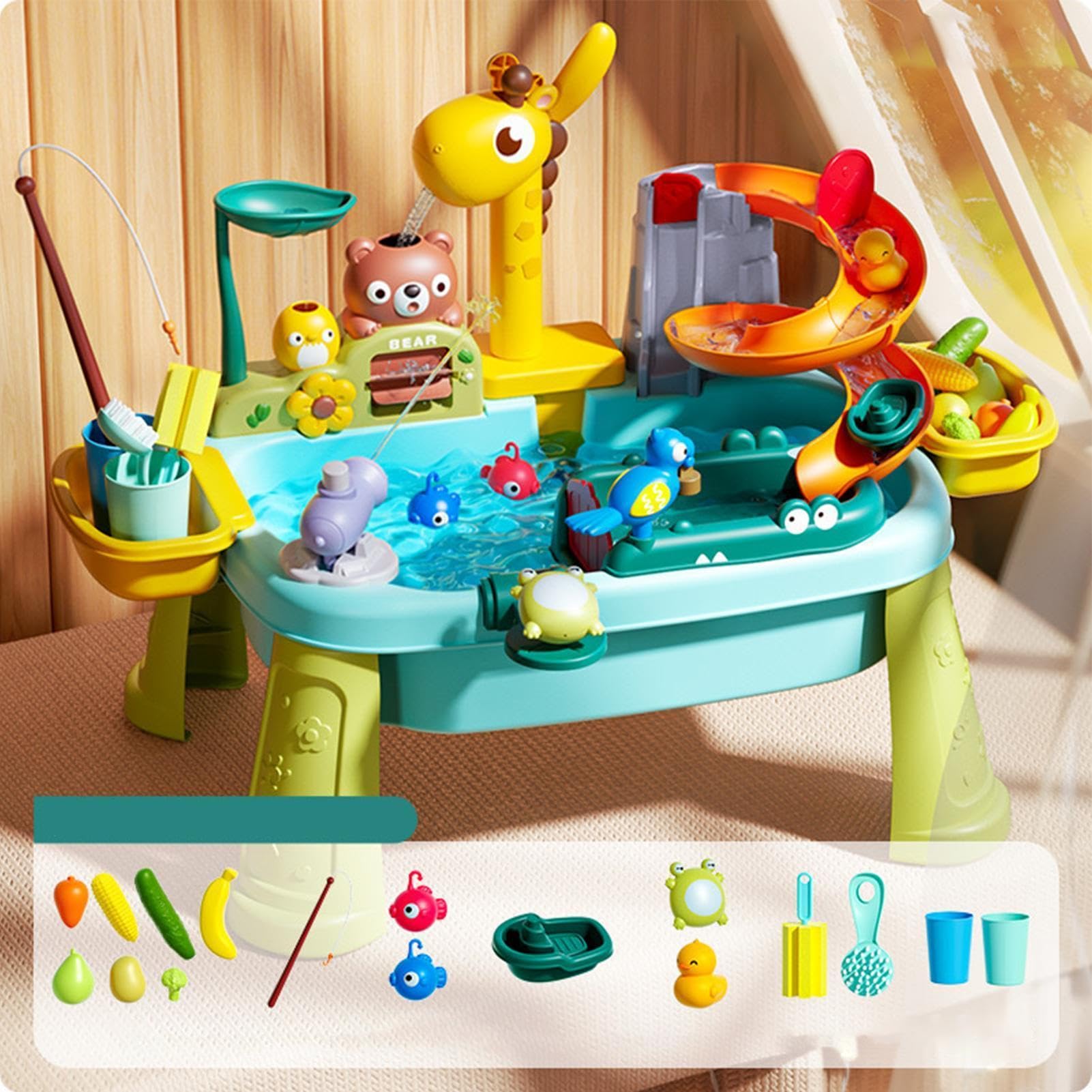 Outdoor Kids Water Sensory Table, Giraffe Faucet Fishing Toy, Outdoor Sand & Water Activity Table, Summer Waters Play Activity Tables For Cognitive Development Hand-Eye Coordination
