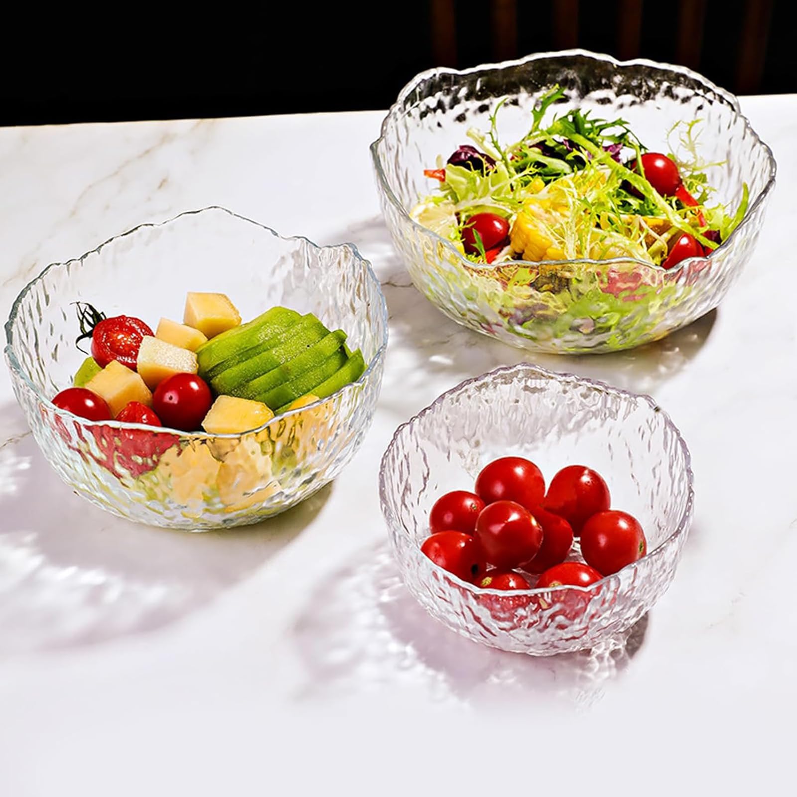 3 Stück Glasschalen Set, Kristallglas Obstschale Obst Salat Dessert Transparent Servierschalen Glas Dessertschalen Eisbecher Eisbecher Set Salatschalen Servierschale