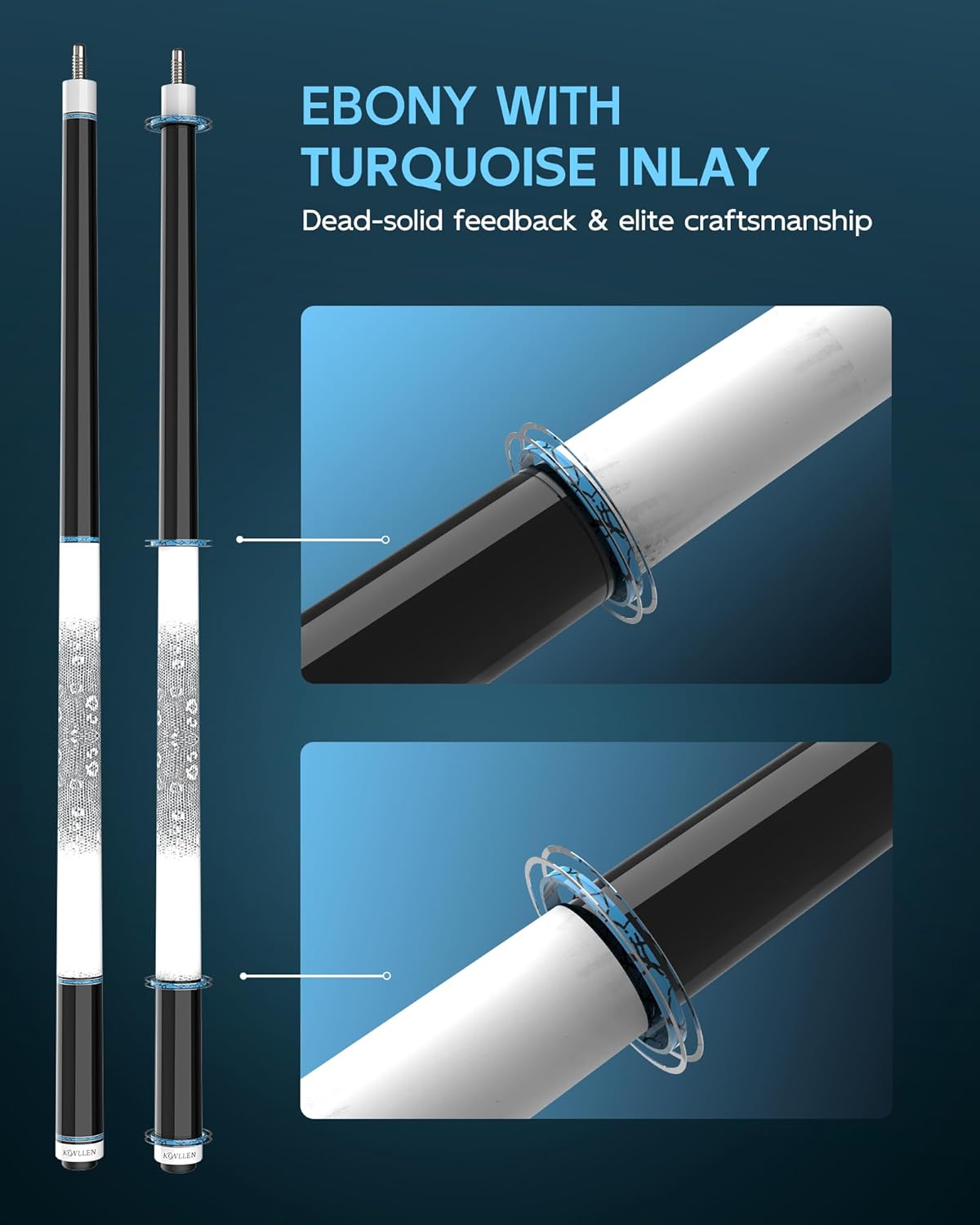 KONLLEN 2.0 Carbon Fiber Pool Cue Set, Low Deflection Pro Taper Shaft, Ebony Inlay Design, 11.8mm / 12.5mm Tip, Adjustable Weight System, Cue Extension, Weight Bolts & Hard Cue Case