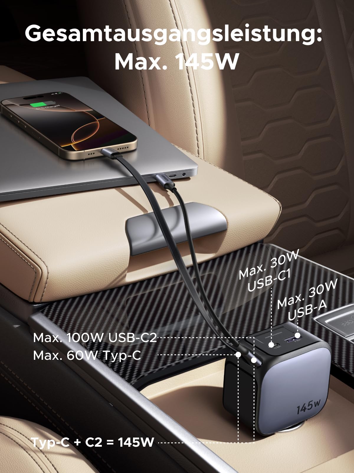 UGREEN Nexode 145W Zigarettenanzünder, 100W USB C Schnellladen, Typ-C Auto Ladegerät, integriertes einziehbares Kabel 60W, 4 in 1 Auto zubehör, kfz 12v-24V für iPhone 17/MacBook/iPad/Galaxy S25/GPS