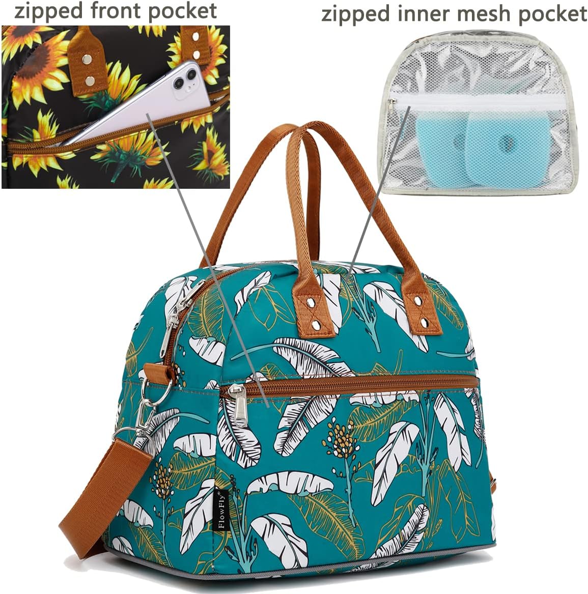 FlowFly Insulated Lunch Bag With Shoulder Strap for Women, Men, and Kids, Large and Reusable, Handle, Freezable Work and School Travel Tote and Meal Prep Organizer, leaves image 4