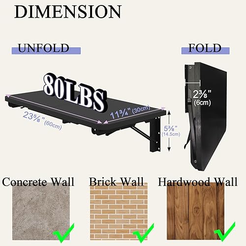 Miniatura 4 de TEAMIX Mesa plegable montada en la pared, escritorio flotante negro para espacios pequeños, mesa de comedor de hojas caídas para cocina, estante