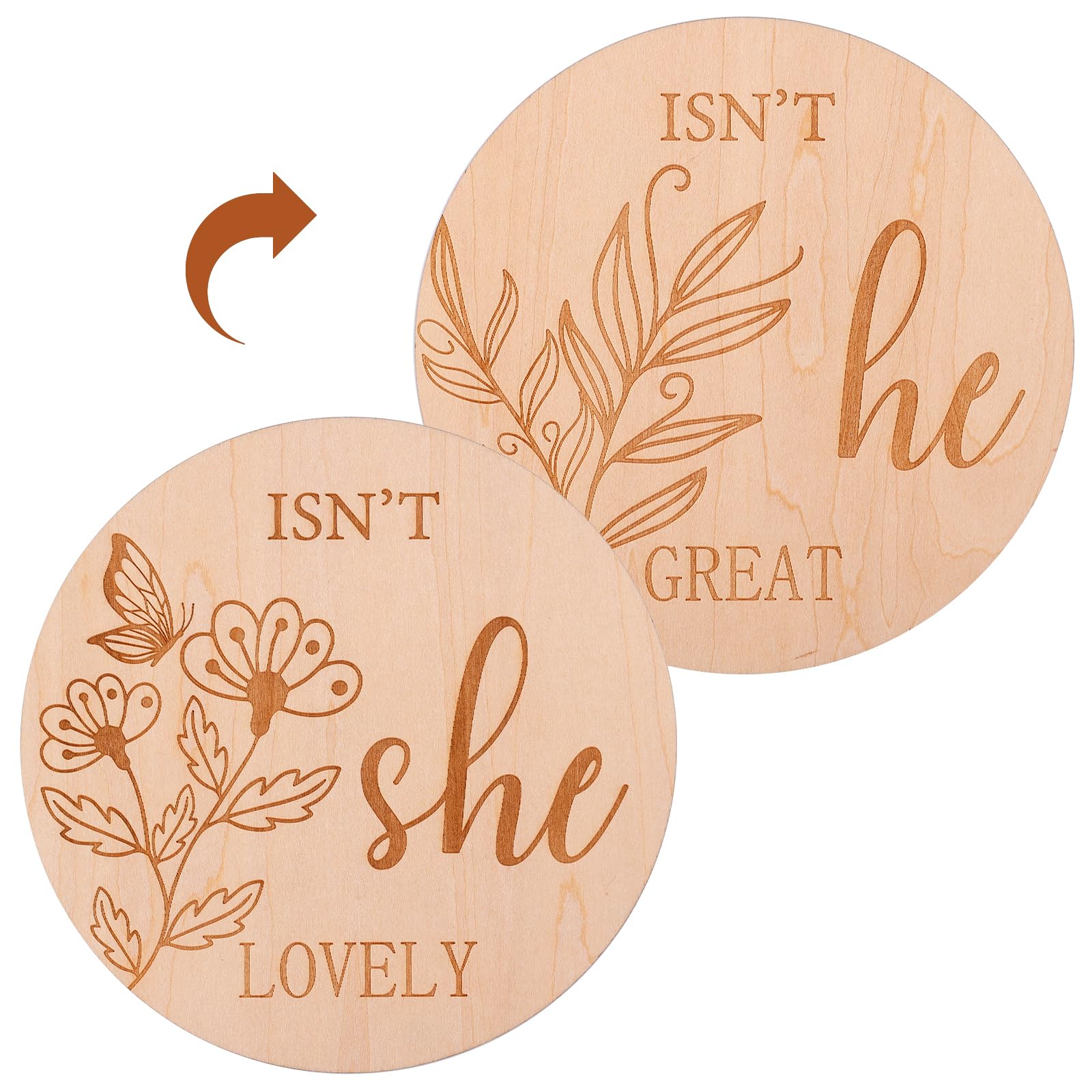 Double-Sided Gender Reveal Signs, 6 Inch Wooden Baby Announcement Sign Isn't She or He Round Photography Props Newborn Sign for Hospital Baby Shower Nursery Decoration New Parents Gift