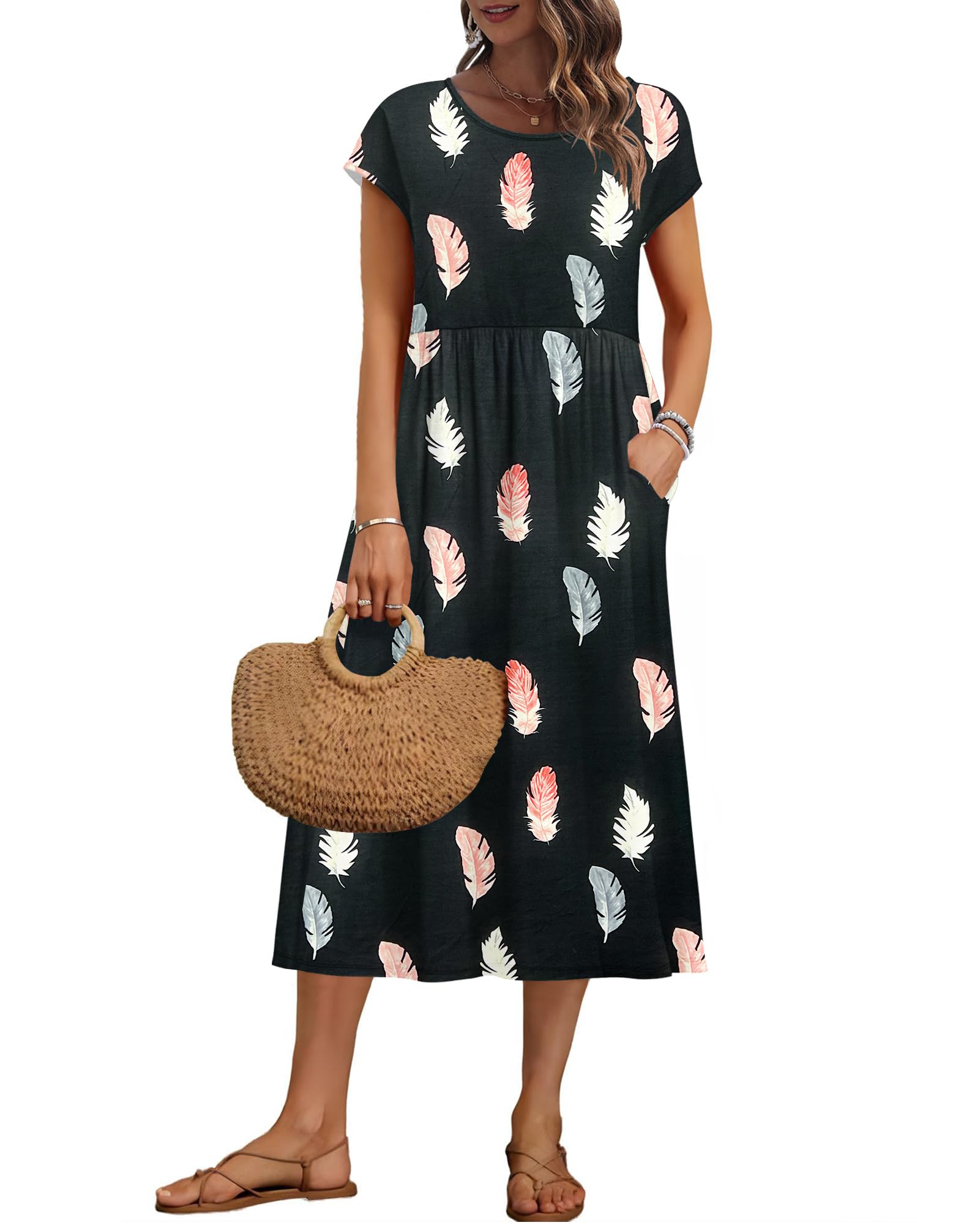 Auselily Women's Color Feathers Summer Short Sleeve Knee Length Dresses Basic Shift Midi Dress With Pockets, S