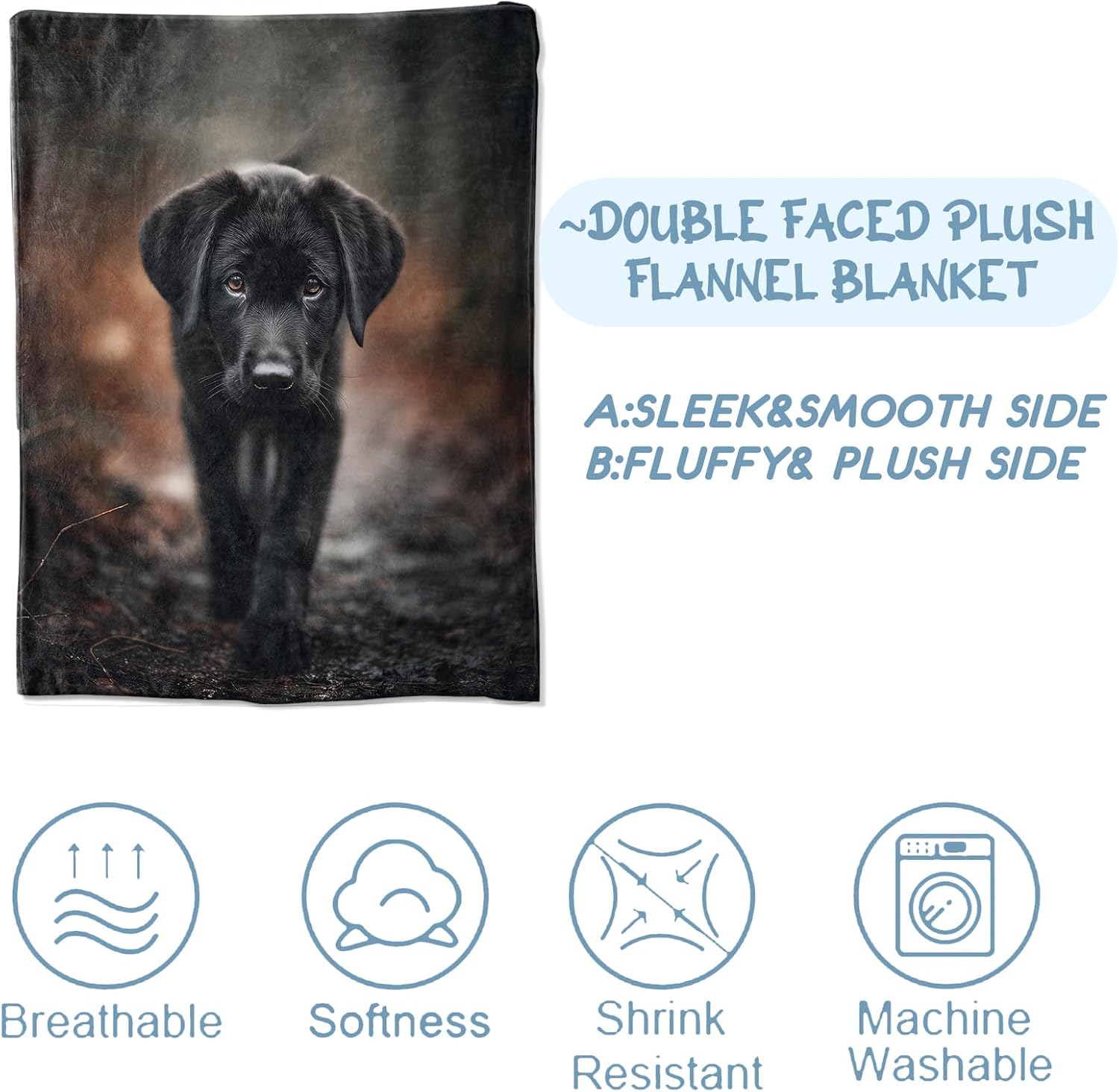 Realistic Dog Blanket,Gifts for Pet Lovers Kids,Lightweight Flannel Throw Blankets,Black Puppy with Forest Path Rustic Throws Home Decor,for Picnic Couch Camping Cabin Office Dorm,60x50inch