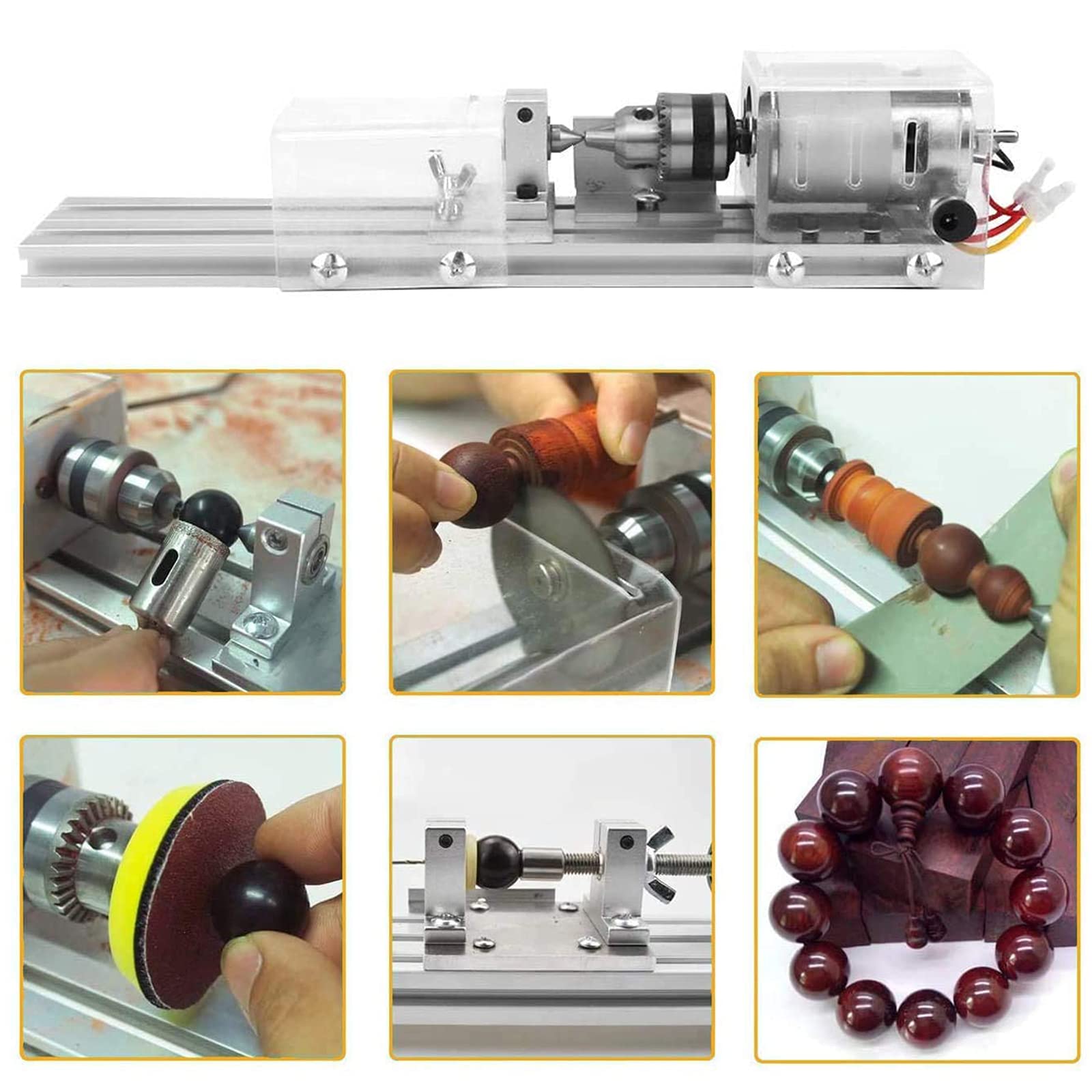 100W Mini Torno De Madera, Mini Beads Machine Torno Miniatura, Mini Torno Cuentas Pulidora, Mini Tornos De Sobremesa De Metal, DIY Torno Herramienta De Pulido Rotary DC12-24V