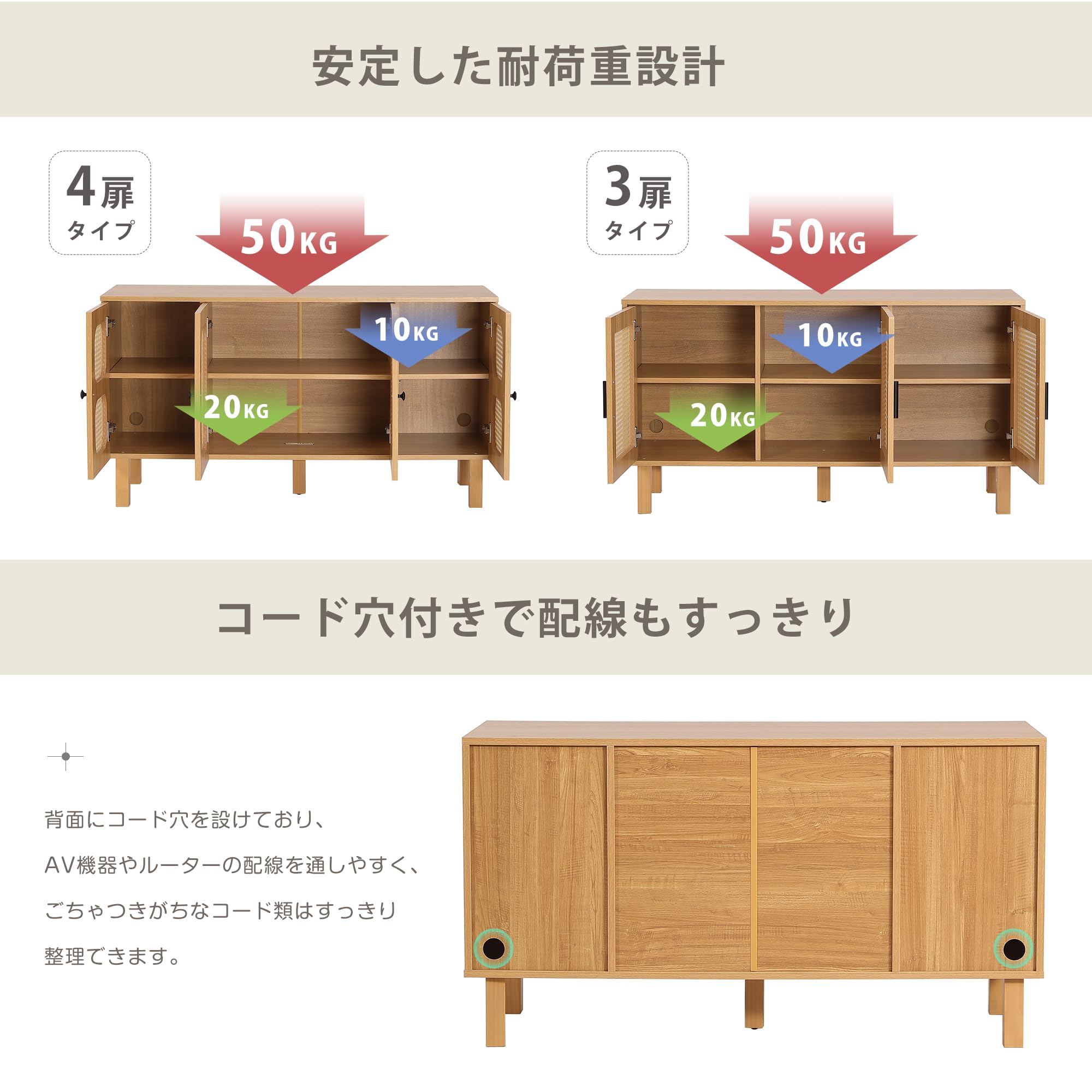 Amazon.co.jp: キャビネット サイドボード ラタン風 2段 木製脚 扉付き