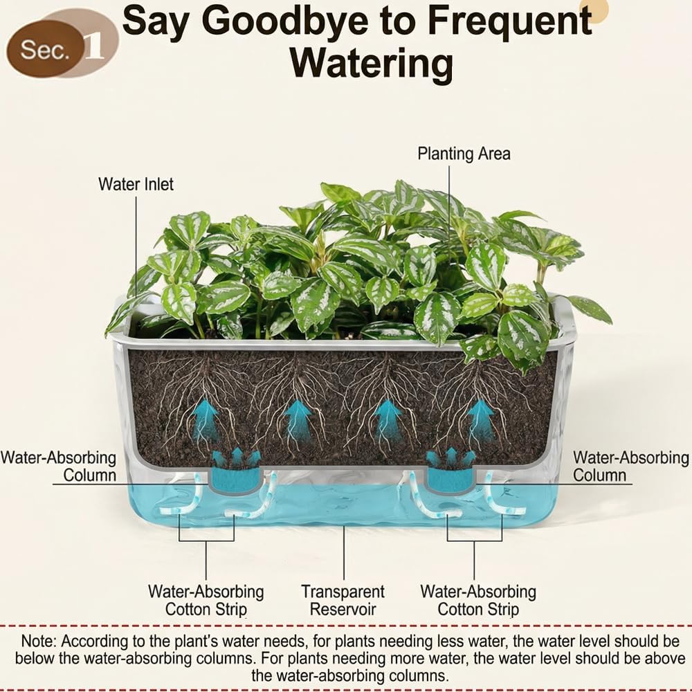 3 Pack Self Watering Rectangular Plant Pots, 11" x 5"x 5" Plant Containers with Drainage Holes, Rectangle Houseplant Window Planters for Succulents, Flowers,Herbs,Vegetables (Grey)