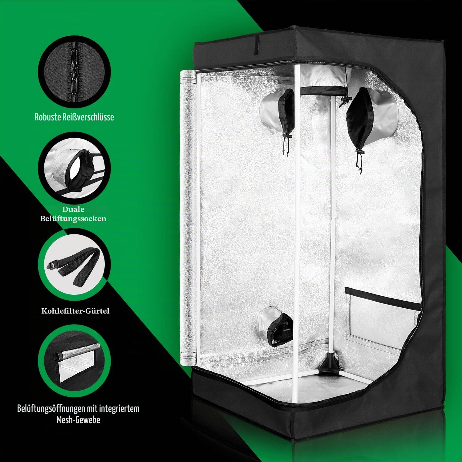GA Growzelt C-Serie 60x60x120 cm Anzuchtzelt Reflektierendes Mylar Hydrokultur Gewächshauszelt wasserdicht Schwarz