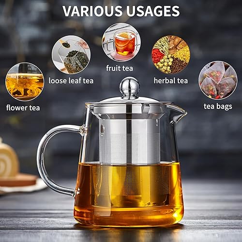 Miniatura 4 de Tetera de vidrio de 18.6 fl oz, tetera de vidrio de borosilicato con infusor de acero inoxidable desmontable, hervidor de té transparente para té de