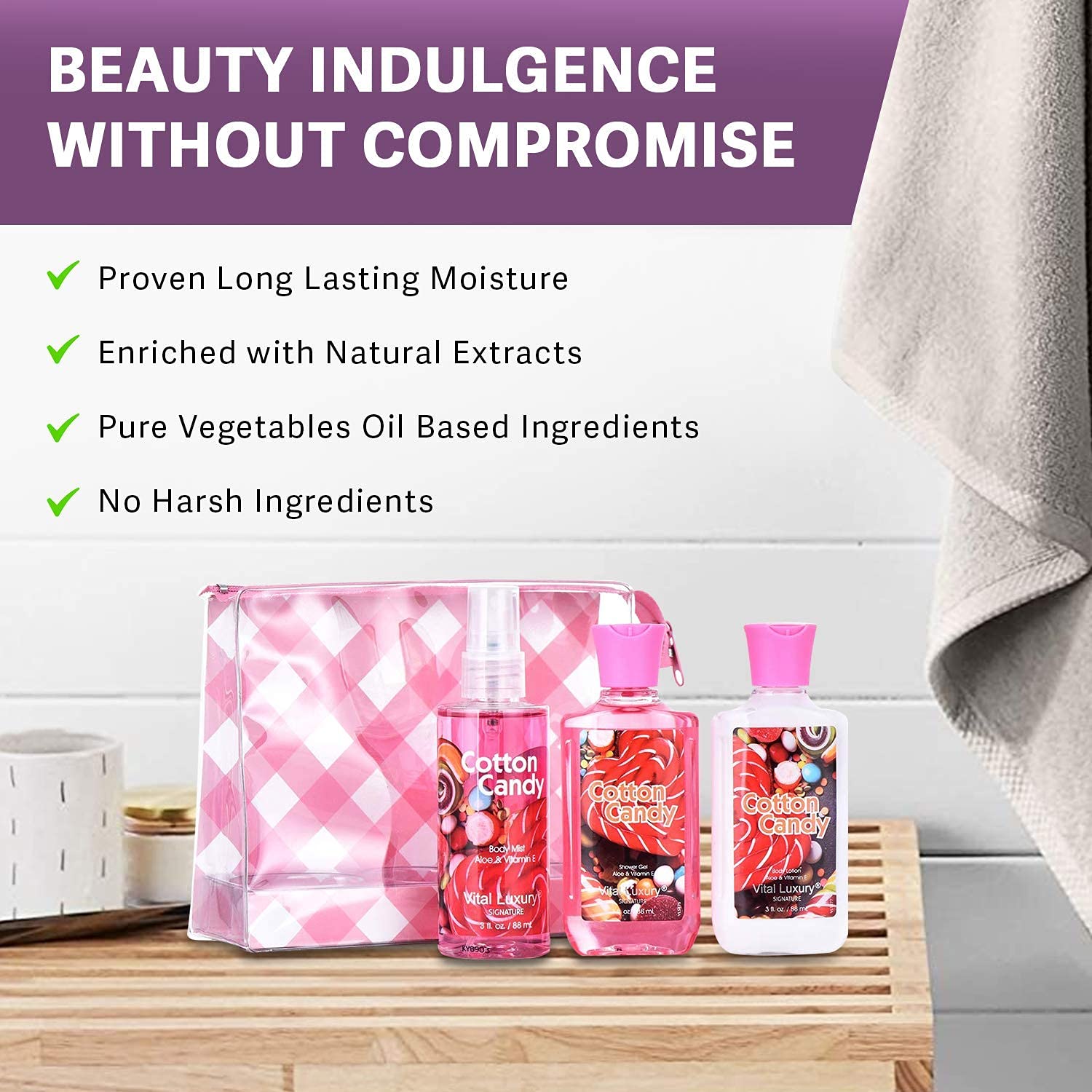 Cotton Candy Bath & Body Care Travel Set, Home Spa Gift Set Includes Body Lotion, Shower Gel, and Fragrance Mist, Personal Body Care Travel Set, Birthday Mother's Valentine's Day Gifts image 7 of 9 B07Q3PTKST