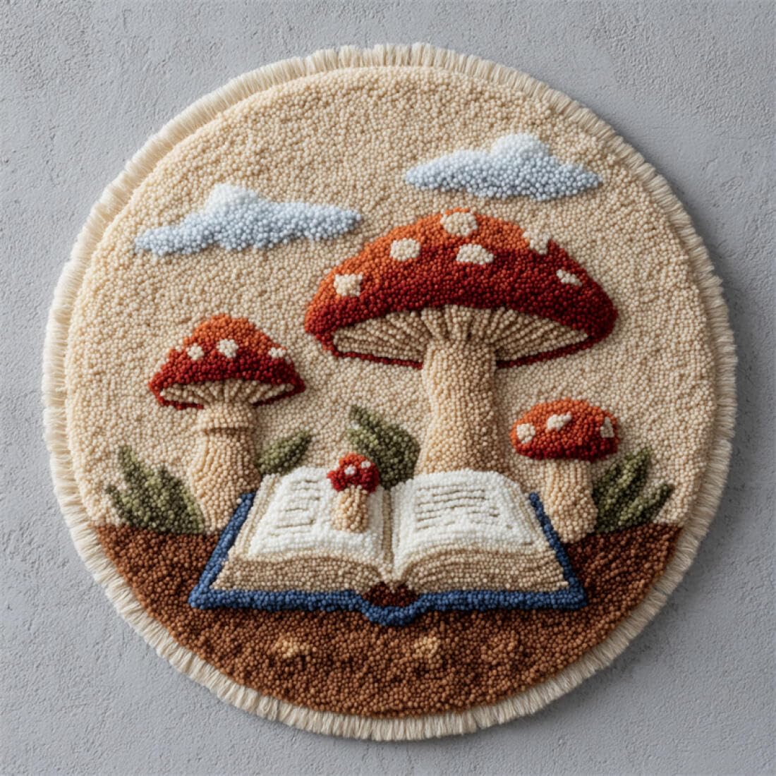 Rqwybcaxn DIY Latch Hook Rug Kit for Teens Embroidery Kit Cartoon Mushrooms and Books 80x80cm Round Tapestry with Crochet Hook Study Craft Gift