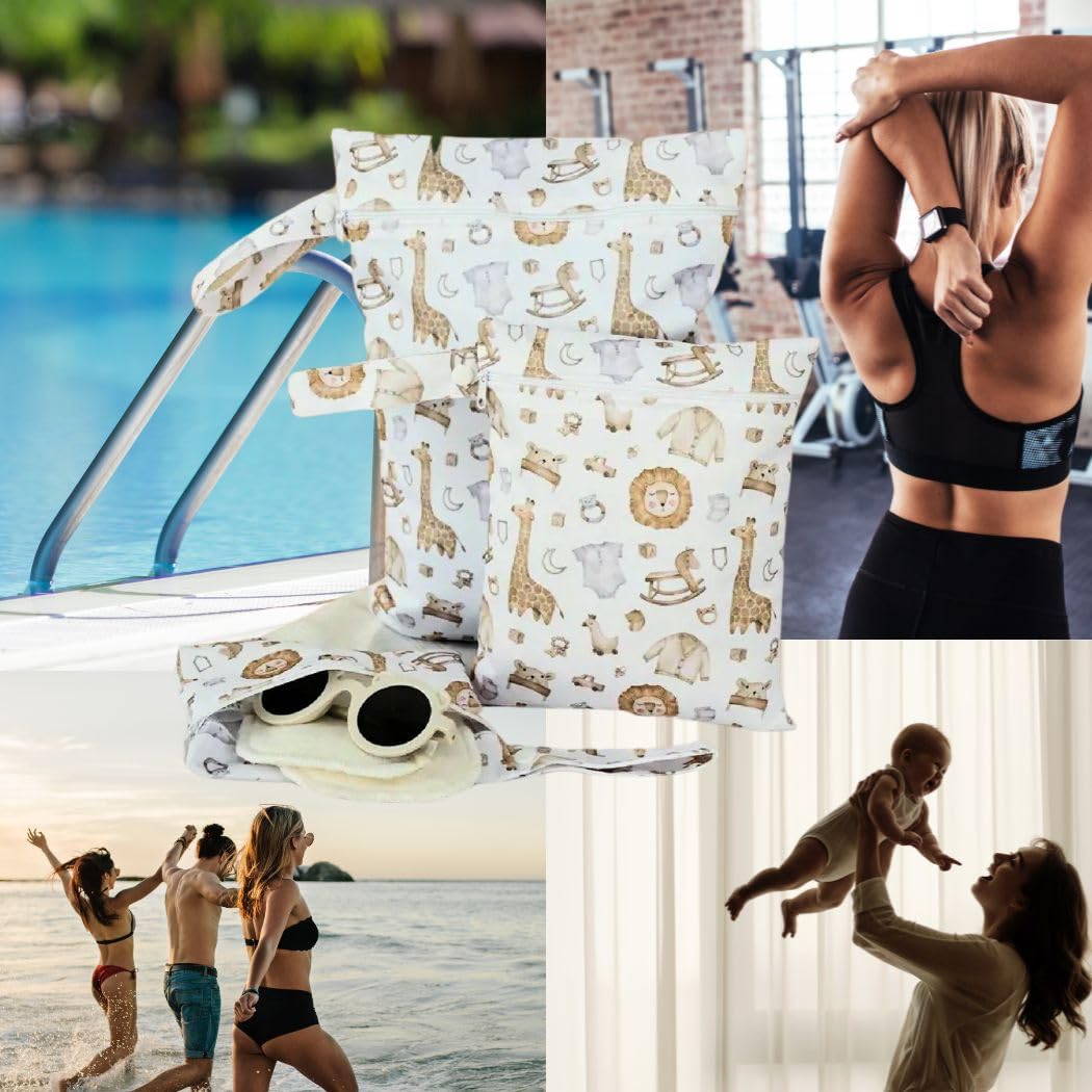 Bolsa Impermeable para Bebe de 3 Piezas, para Ropa Seca, húmeda y usada, Organizador de pañales, toallitas y cremas, para guarderia, Neceser para Viaje, Son Reutilizables. (Jirafa)