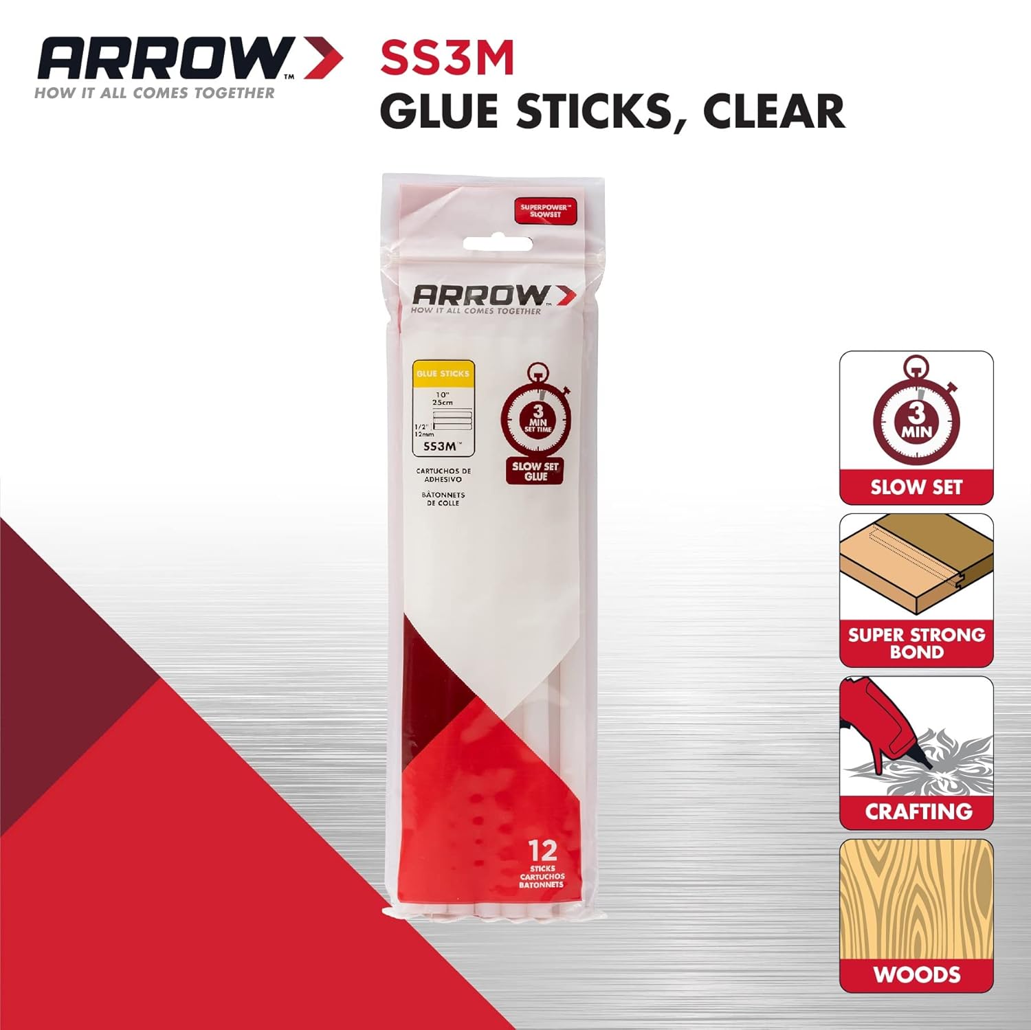 Arrow SS3M Full Size Slow Set Glue Sticks for Hot Glue Guns, Use for High Temp and Low Temp Crafting, Hobbies, and General Repair Projects, 10-Inch by 1/2-Inch, Clear, 12-Pack