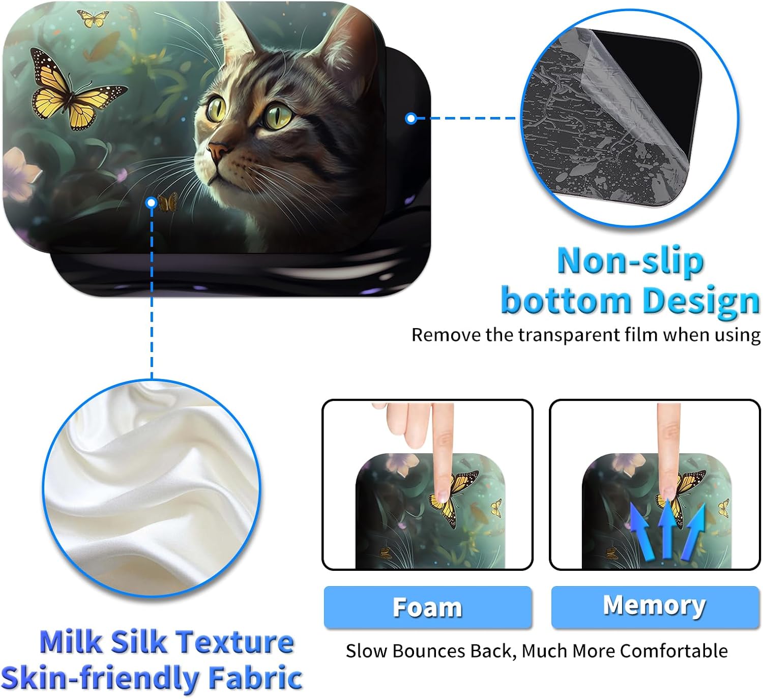 Laptop Mouse Pad 27.5 x 11.8 inch & Small Wrist Rests with Coasters and Cute Cat & Butterfly Printed Design Ergonomic Mouse Pad with Wrist Rest Memory Foam for Easy Typing Pain Relief