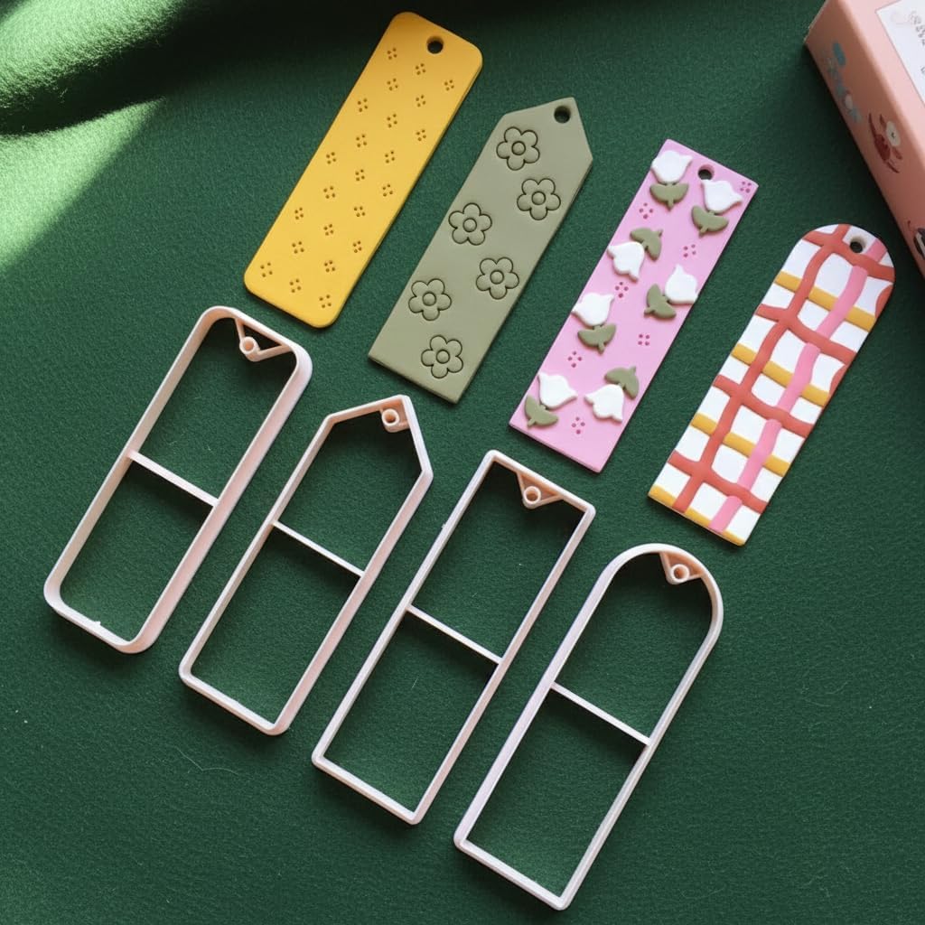 Bookmark Clay Cutters, Polymer Clay Molds, Pink Plastic, Floral & Leaf Designs, 14 Pieces, DIY Personalized Book Lover Gift