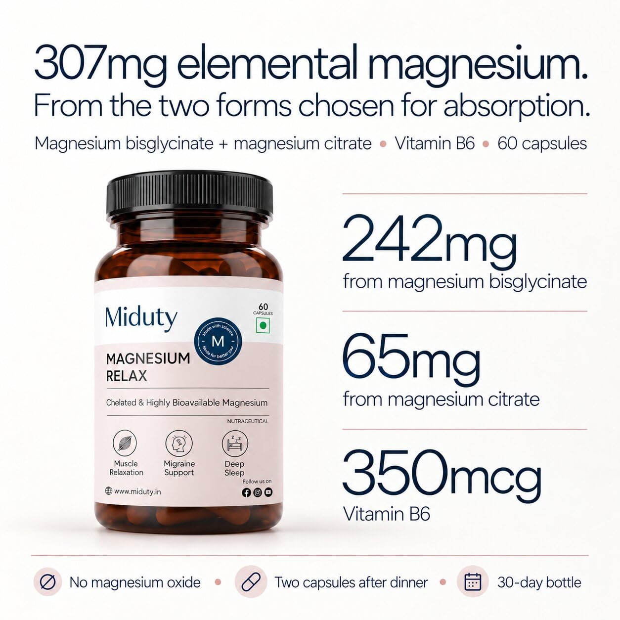 Miduty Chelated Magnesium Glycinate | 1500mg Supplement for Sleep, Stress Relief, Muscle Recovery & Muscle Cramps | 300mg Elemental Magnesium | High Absorption with Vitamin B6 | 60 Veg Capsules — Amazon image 2