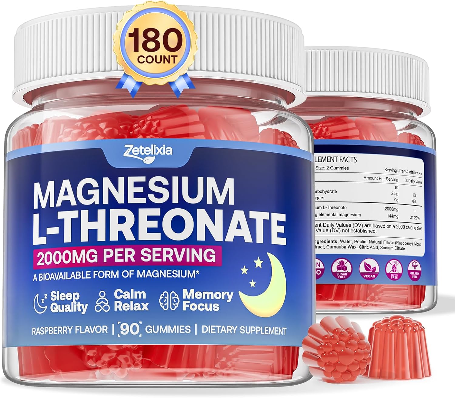 180 unidades  Paquete de 2 gomitas de magnesio L-treonato de 2000 mg, suplemento de L-treonato de magnesio para adultos y niños, apoya el sueño