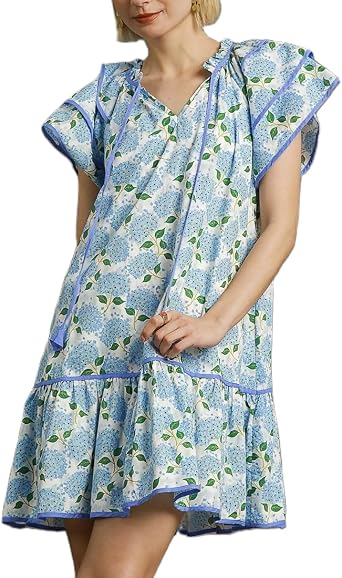 Lordree Women Boho Ruffle Sleeve Mini Dress Summer Trendy Floral Print Short Sleeve V Neck Cute Babydoll Loose Flowy Dress