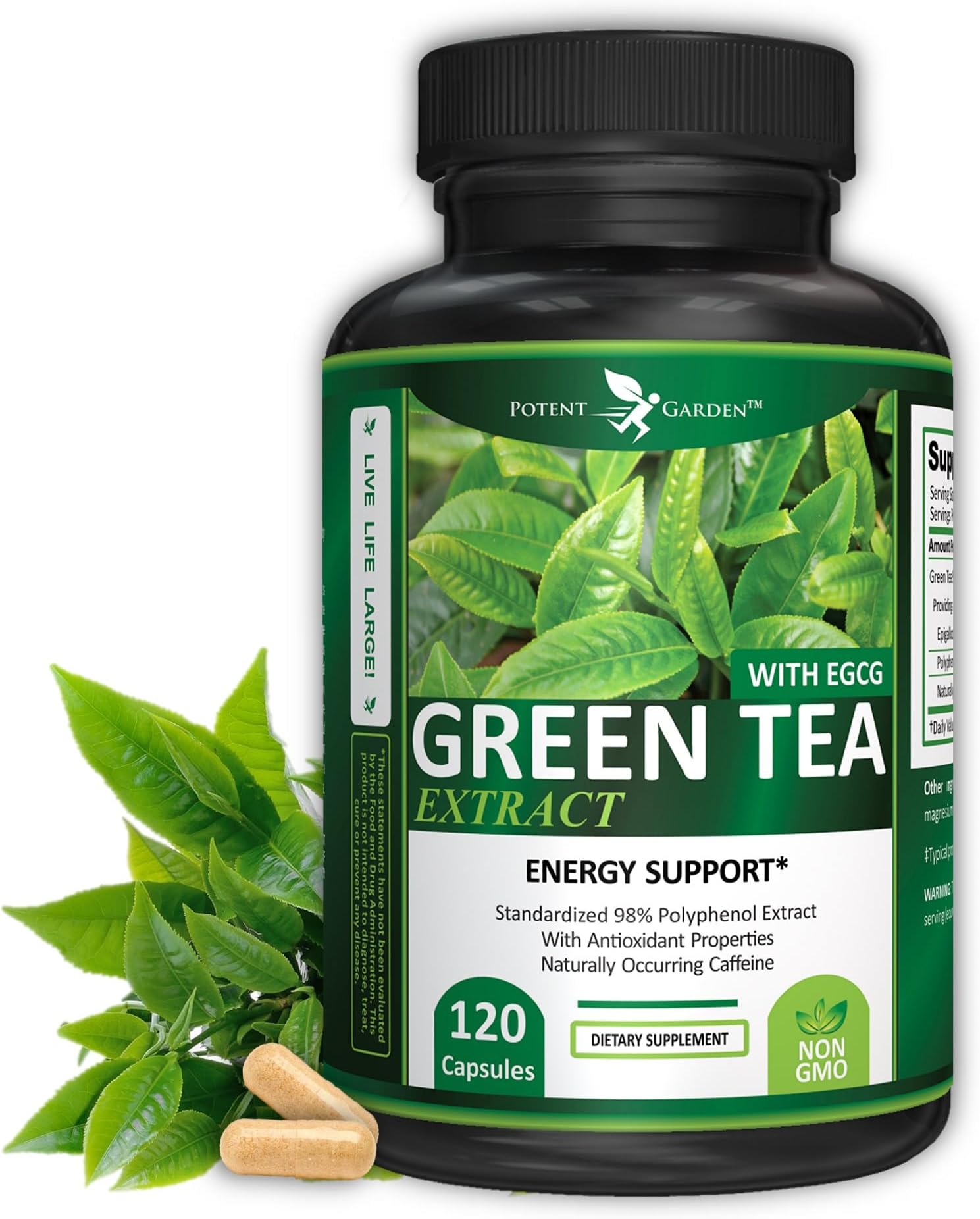 Green Tea Extract Supplement with EGCG Formula with Green Tea 98% Extract, Polyphenol Catechins - Gentle Caffeine Source - Natural Antioxidant and Free Radical Scavenger- 120 Capsules