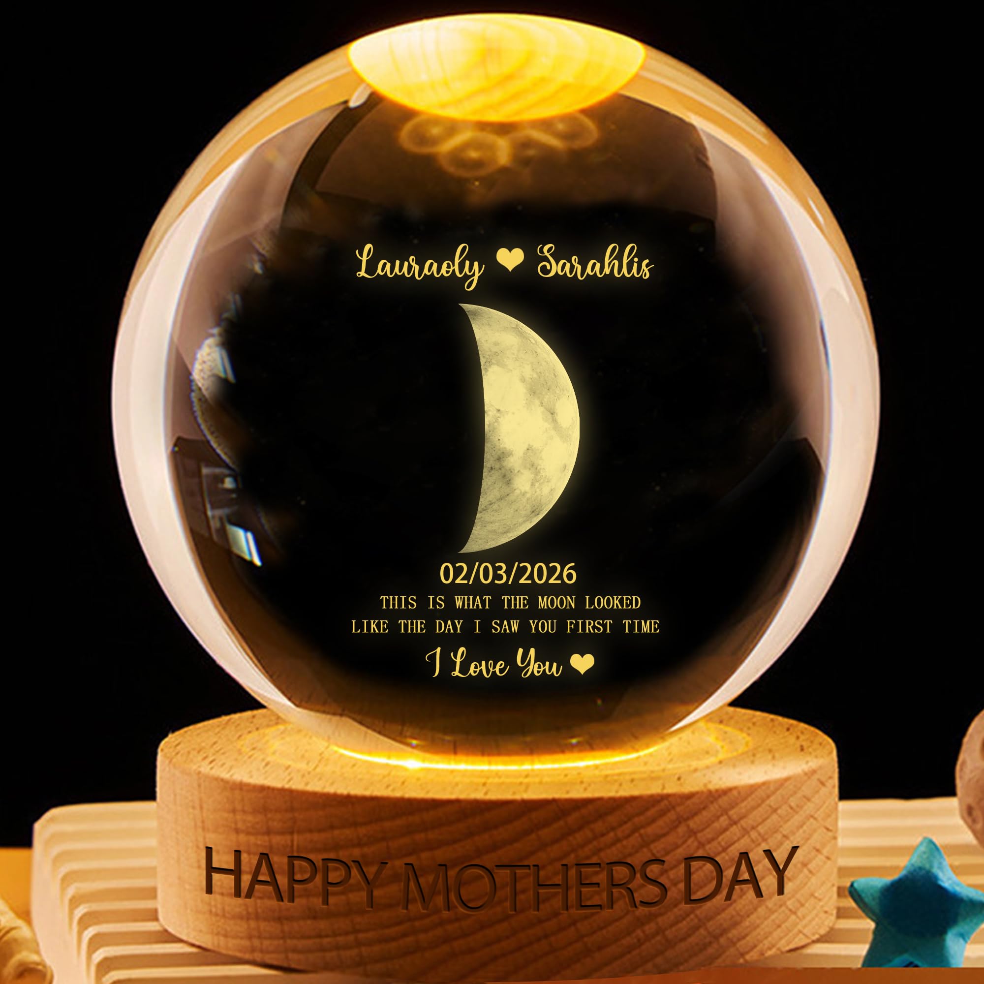 VWCSDSCS Custom Moon Phase Crystal Ball LED Night Light Personalized with Kids Names, Our Moon Special Day, Multicolor Changing for Bedroom Decor Lamp Gift for Mom Grandma Her Wife Papa Father