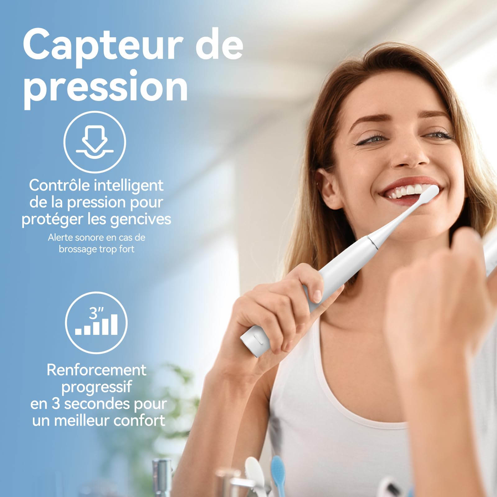 Seago brosse à dent électrique, brosse a dent sonique avec capteur de pression, 60 jours pour voyager, 8 têtes et porte brosse à dents electrique, 5 modes, IPX7, SG2782,Blanc