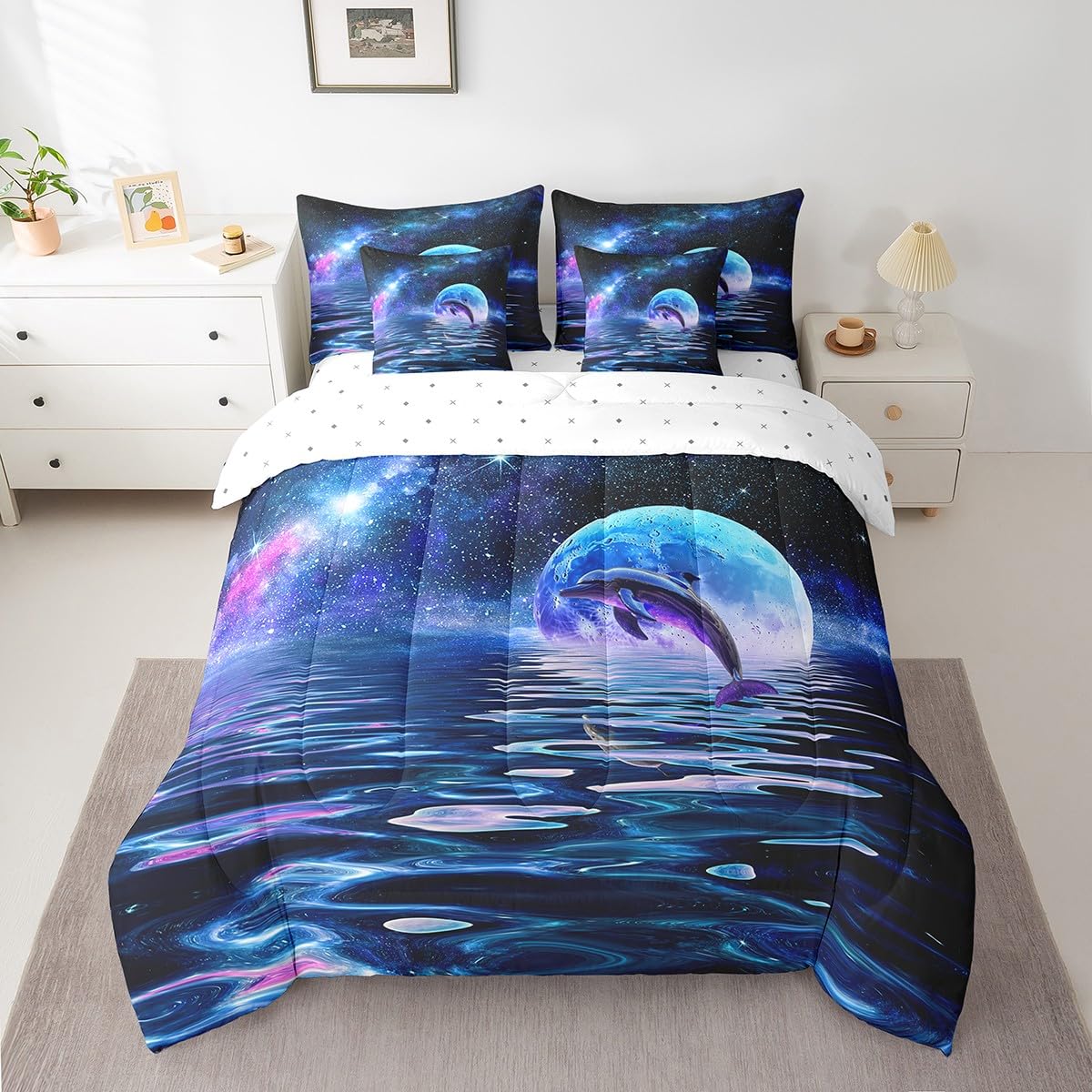 Parure de lit fille dauphin bleu foncé grand lit avec drap galaxie lune